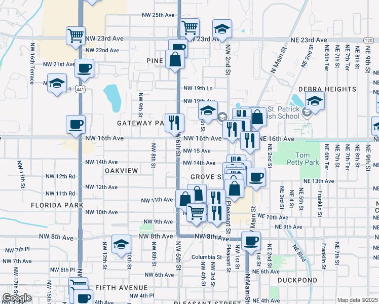 map of restaurants, bars, coffee shops, grocery stores, and more near 1425 Northwest 6th Street in Gainesville