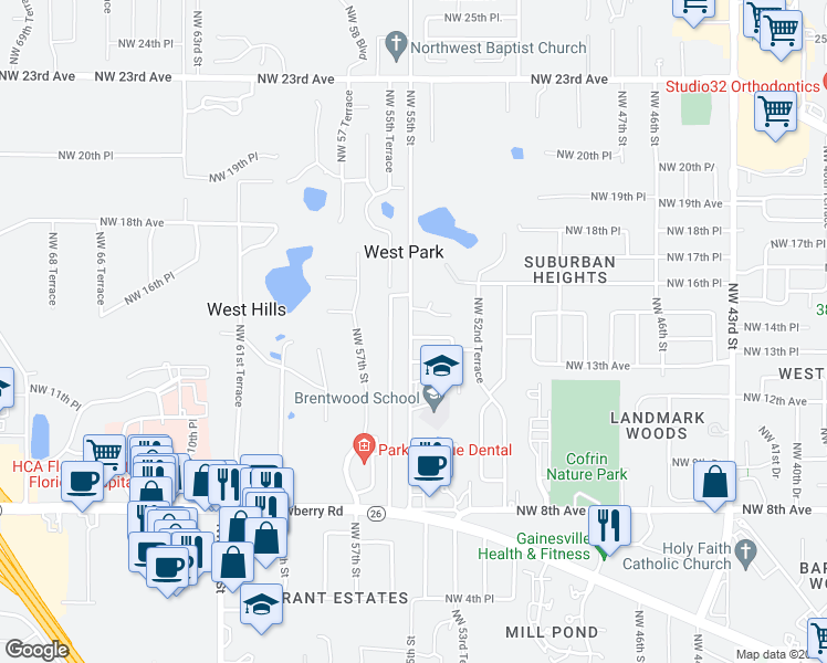 map of restaurants, bars, coffee shops, grocery stores, and more near 5412 Northwest 14th Avenue in Gainesville
