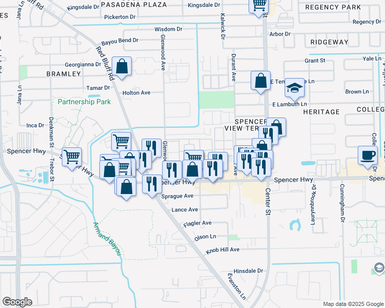 map of restaurants, bars, coffee shops, grocery stores, and more near 7201 Spencer Highway in Pasadena