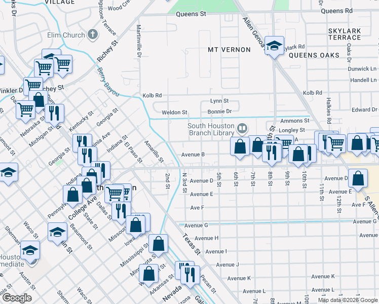 map of restaurants, bars, coffee shops, grocery stores, and more near 309 Avenue B in South Houston