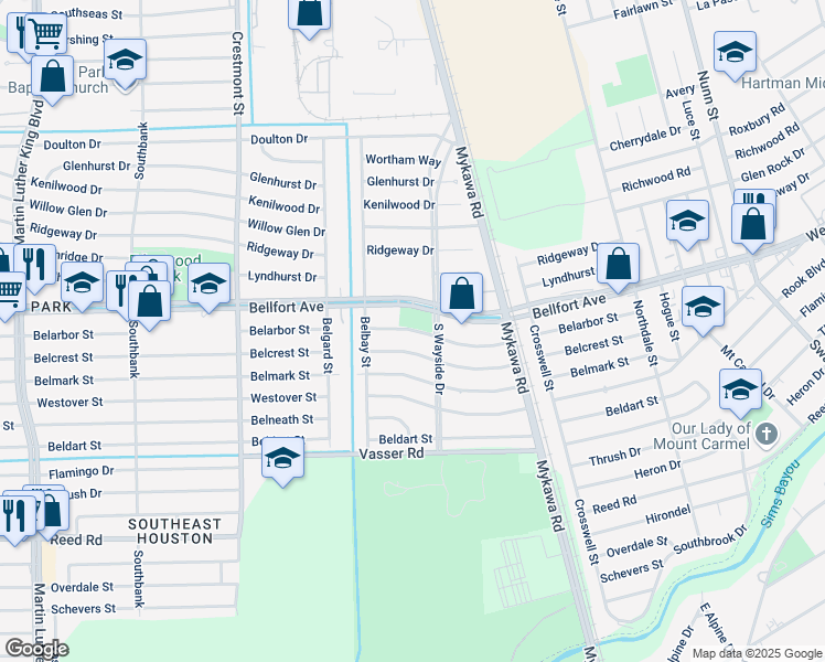 map of restaurants, bars, coffee shops, grocery stores, and more near 6060 Belarbor Street in Houston