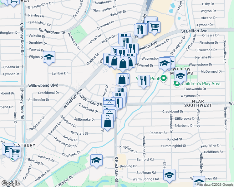 map of restaurants, bars, coffee shops, grocery stores, and more near 10600 South Post Oak Road in Houston