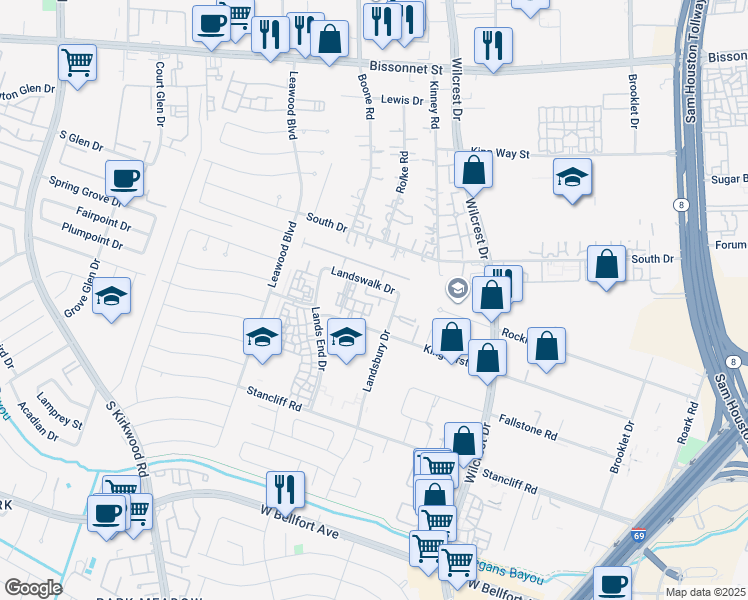 map of restaurants, bars, coffee shops, grocery stores, and more near 11045 Landswalk Drive in Houston