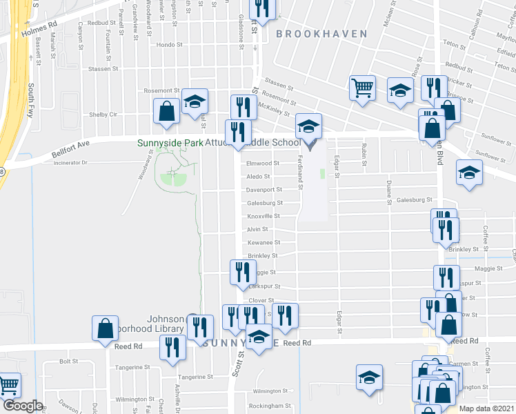 map of restaurants, bars, coffee shops, grocery stores, and more near 4126 Galesburg Street in Houston