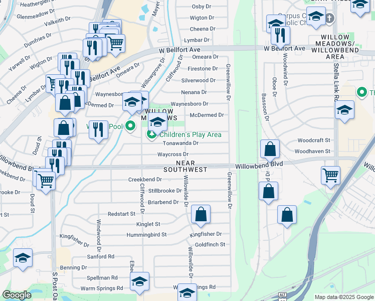 map of restaurants, bars, coffee shops, grocery stores, and more near 4430 Waycross Drive in Houston