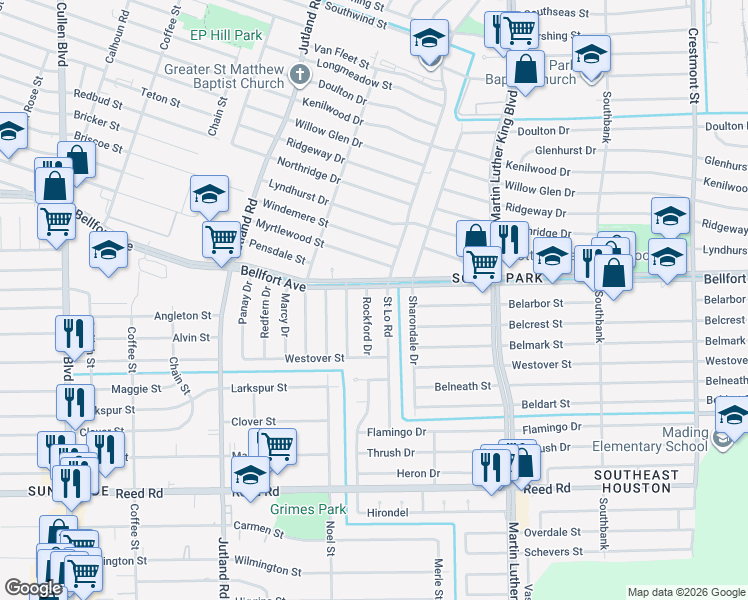 map of restaurants, bars, coffee shops, grocery stores, and more near 8114 Rockford Drive in Houston