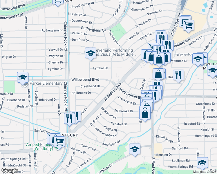 map of restaurants, bars, coffee shops, grocery stores, and more near 10811 Cedarhurst Drive in Houston