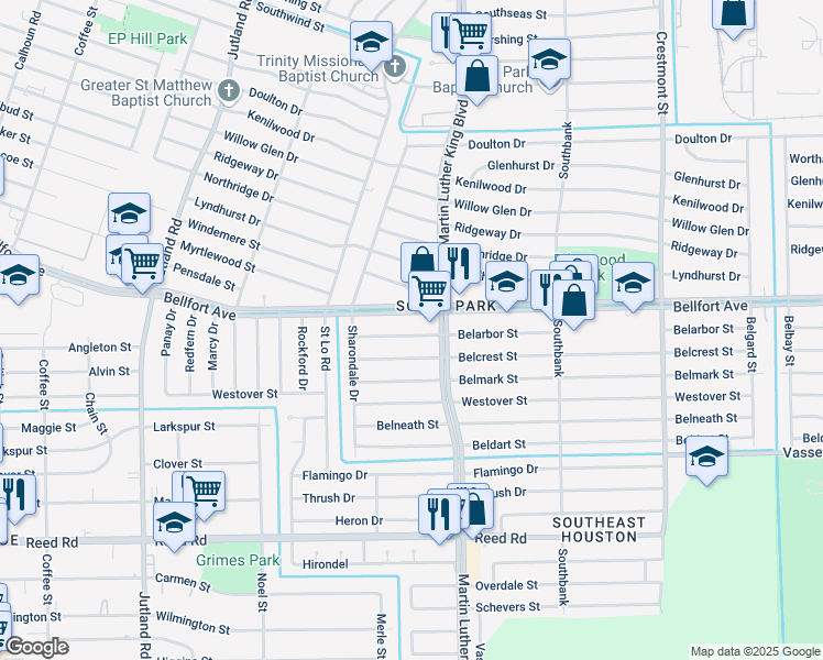 map of restaurants, bars, coffee shops, grocery stores, and more near 5647 Belarbor Street in Houston