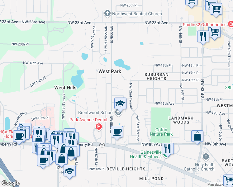map of restaurants, bars, coffee shops, grocery stores, and more near 5412 Northwest 14th Avenue in Gainesville