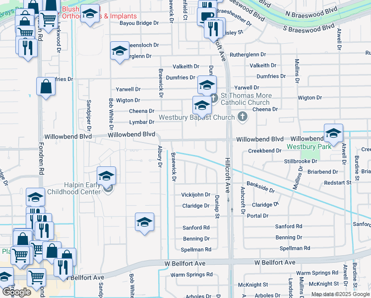 map of restaurants, bars, coffee shops, grocery stores, and more near 10611 Glenfield Court in Houston