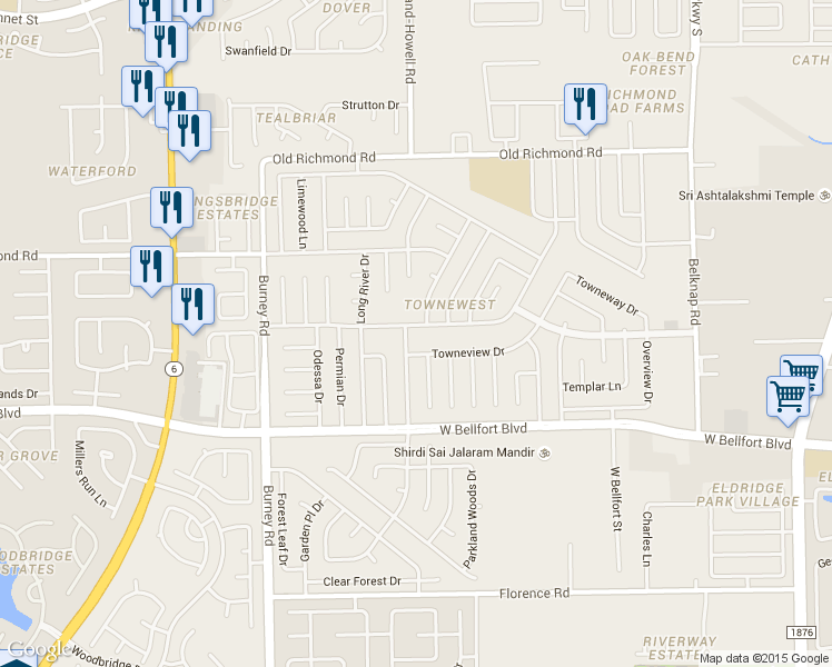 map of restaurants, bars, coffee shops, grocery stores, and more near 14043 Old Village Lane in Sugar Land