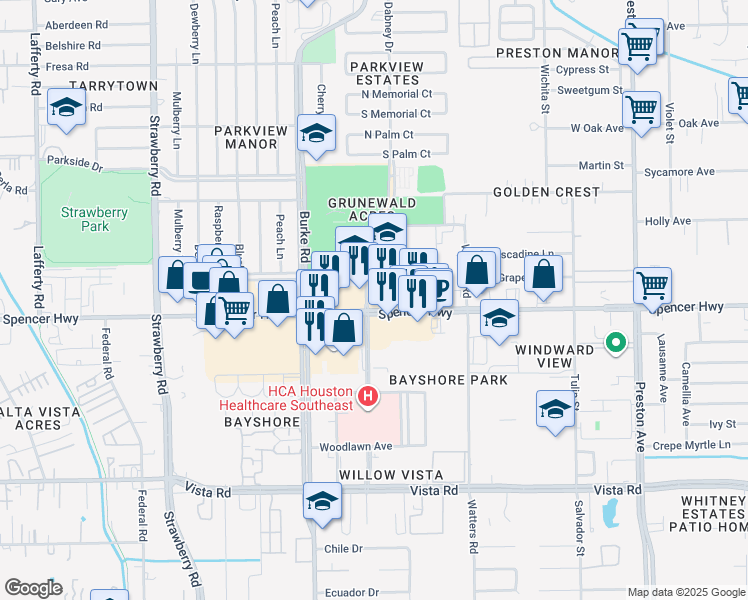 map of restaurants, bars, coffee shops, grocery stores, and more near 4001 Spencer Highway in Pasadena