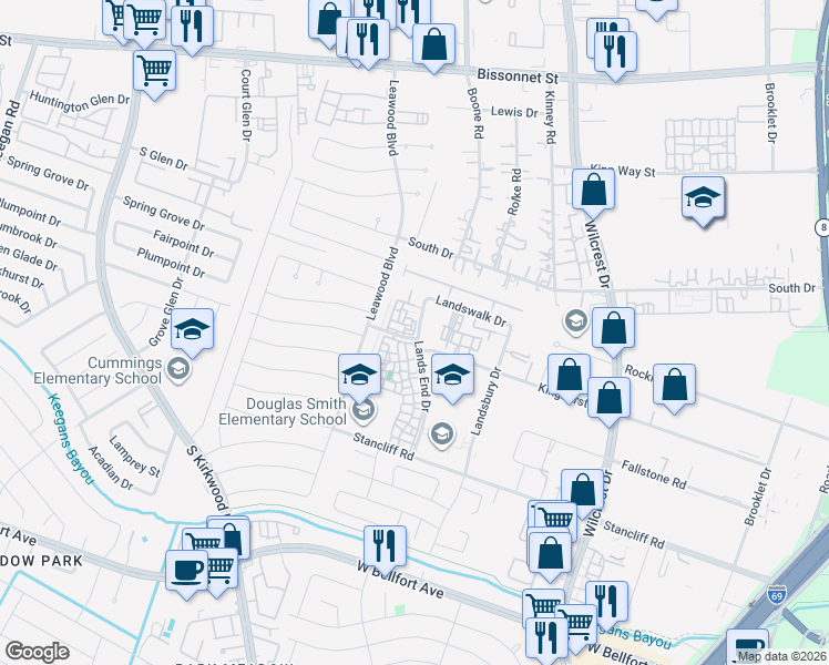 map of restaurants, bars, coffee shops, grocery stores, and more near 10250 Lands End Drive in Houston