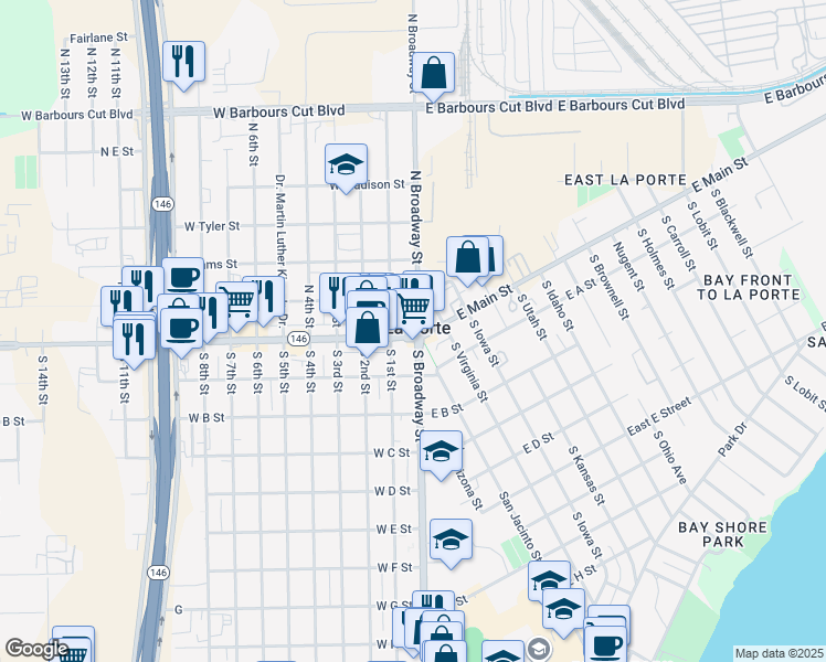 map of restaurants, bars, coffee shops, grocery stores, and more near 100 West Main Street in La Porte