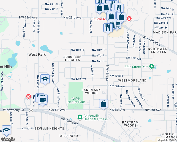 map of restaurants, bars, coffee shops, grocery stores, and more near 1410 Northwest 46th Street in Gainesville