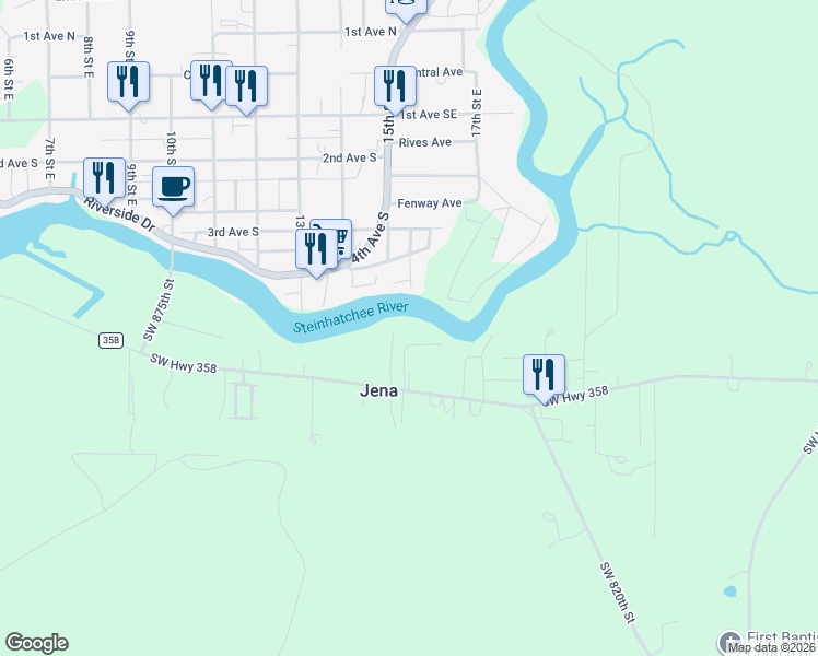 map of restaurants, bars, coffee shops, grocery stores, and more near 35-107 Southwest 282nd Avenue in Steinhatchee