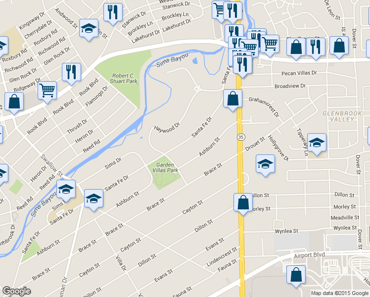 map of restaurants, bars, coffee shops, grocery stores, and more near 7426 Santa Fe Drive in Houston