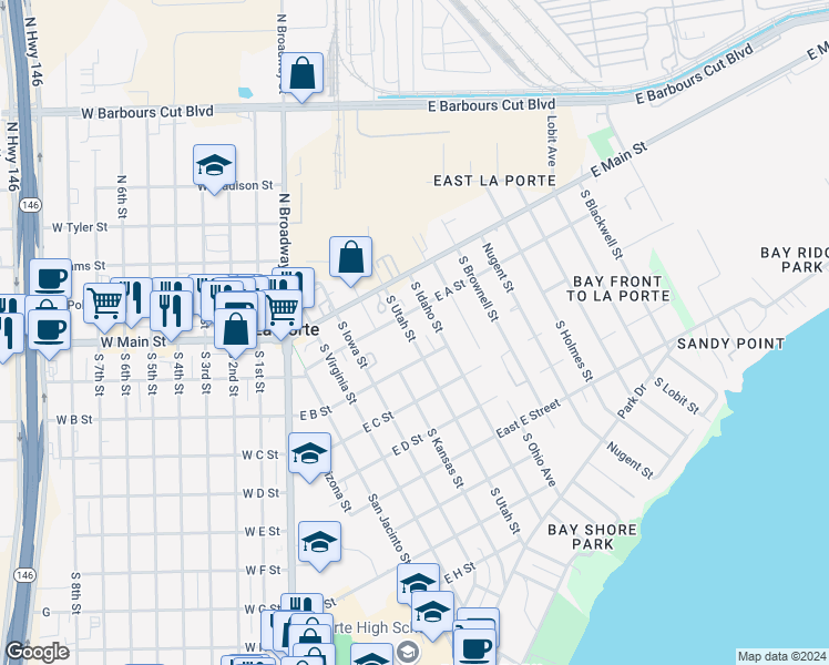 map of restaurants, bars, coffee shops, grocery stores, and more near 215 South Utah Street in La Porte