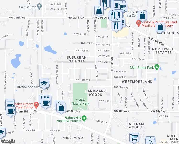 map of restaurants, bars, coffee shops, grocery stores, and more near 1420 Northwest 46th Terrace in Gainesville