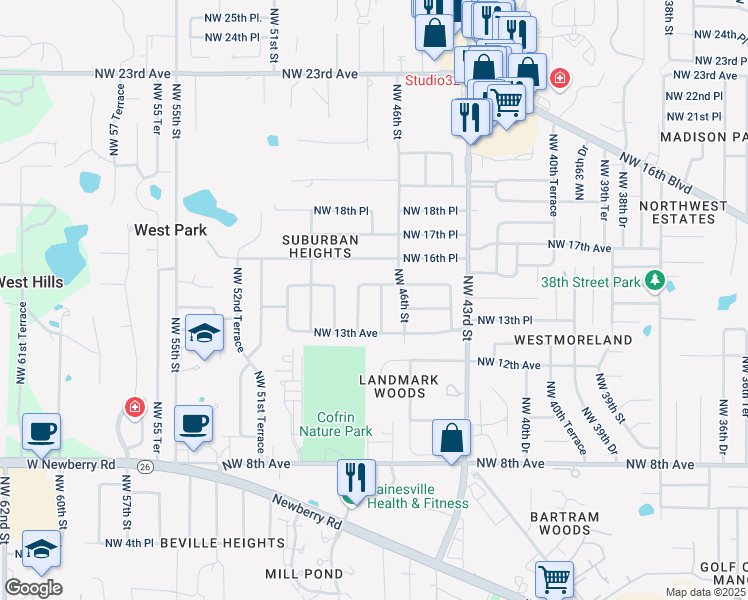 map of restaurants, bars, coffee shops, grocery stores, and more near 1411 Northwest 47th Terrace in Gainesville
