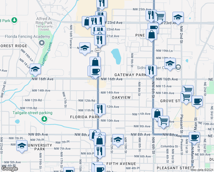 map of restaurants, bars, coffee shops, grocery stores, and more near 1236 Northwest 14th Avenue in Gainesville
