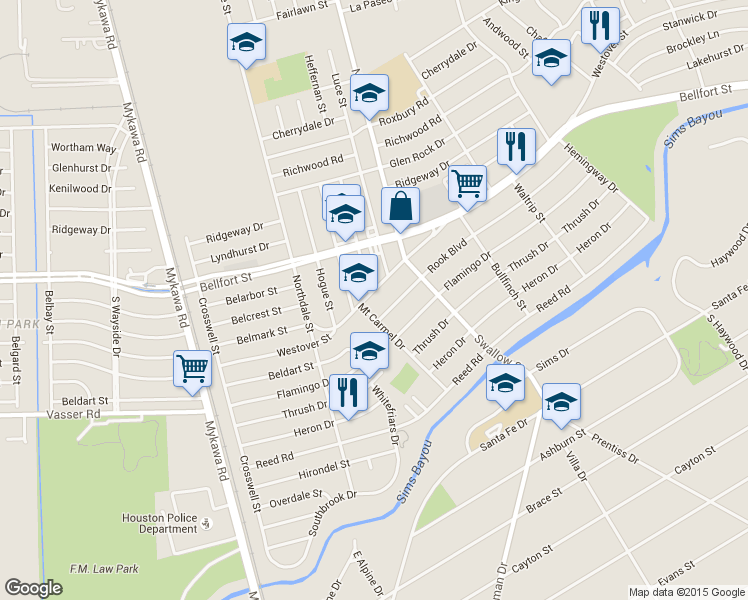 map of restaurants, bars, coffee shops, grocery stores, and more near 6802 Westover Street in Houston