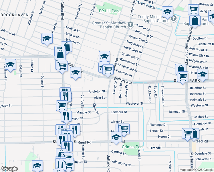 map of restaurants, bars, coffee shops, grocery stores, and more near 8130a Jutland Road in Houston