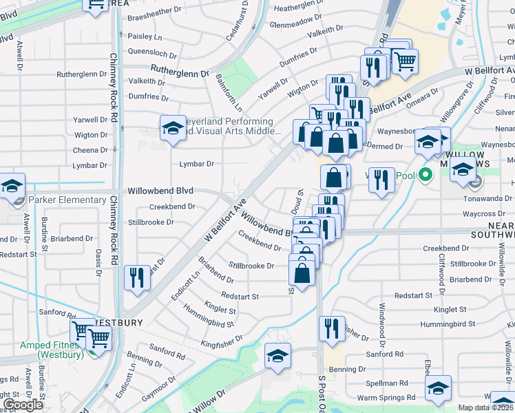 map of restaurants, bars, coffee shops, grocery stores, and more near 5103 Waycross Drive in Houston