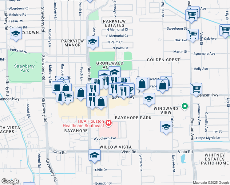 map of restaurants, bars, coffee shops, grocery stores, and more near 4021 Spencer Highway in Pasadena