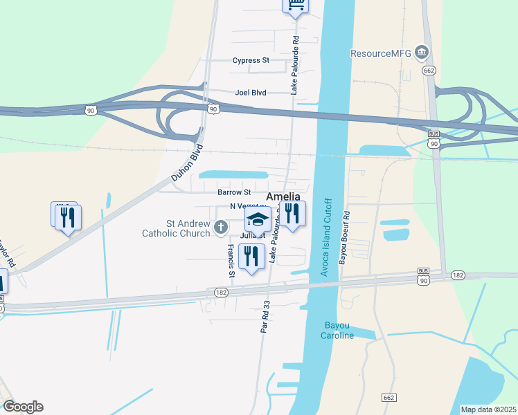 map of restaurants, bars, coffee shops, grocery stores, and more near 153 North Verret Street in Morgan City