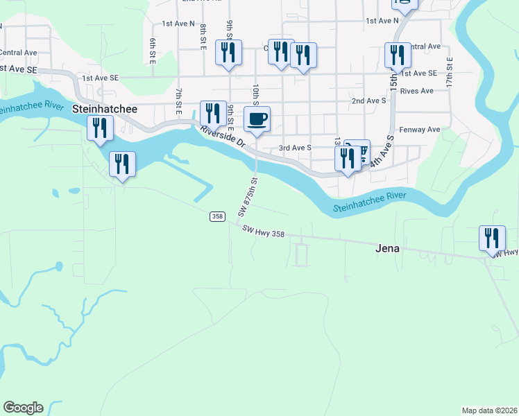 map of restaurants, bars, coffee shops, grocery stores, and more near Allens Lane in Steinhatchee