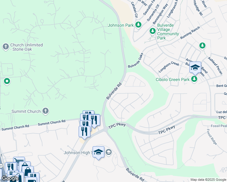 map of restaurants, bars, coffee shops, grocery stores, and more near 24315 Bulverde Green in San Antonio