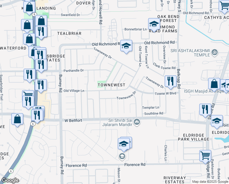 map of restaurants, bars, coffee shops, grocery stores, and more near 14007 Old Village Lane in Sugar Land