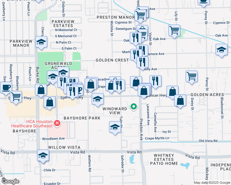 map of restaurants, bars, coffee shops, grocery stores, and more near 4449 Spencer Highway in Pasadena