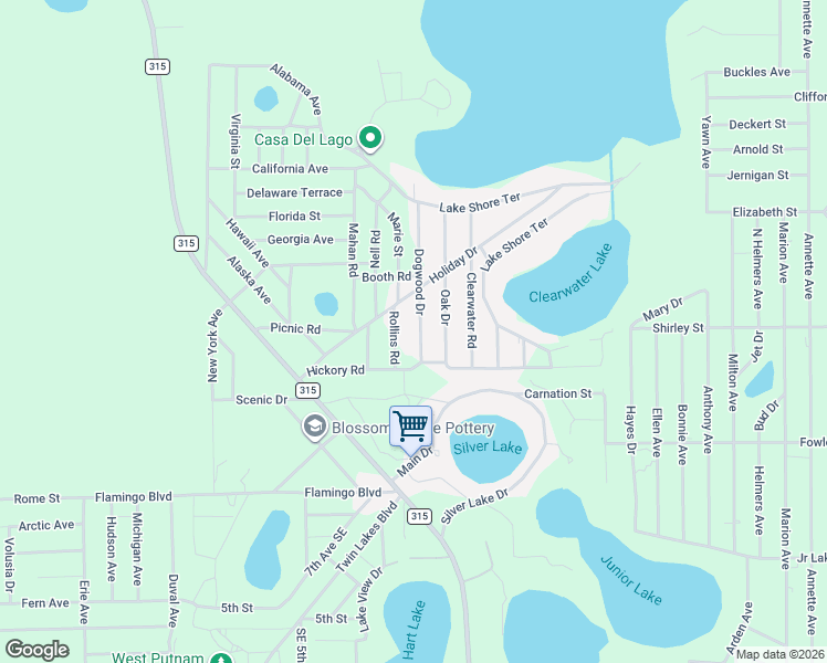 map of restaurants, bars, coffee shops, grocery stores, and more near 112 Dogwood Drive in Interlachen