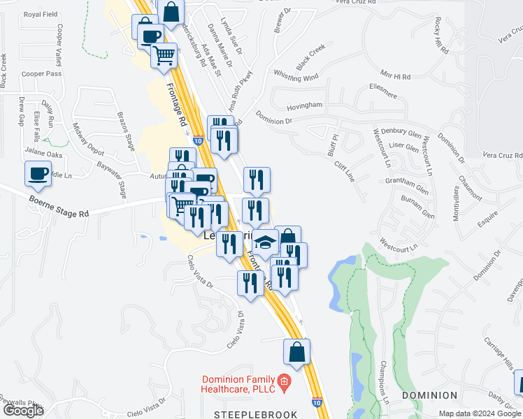 map of restaurants, bars, coffee shops, grocery stores, and more near 24116 Interstate 10 in San Antonio