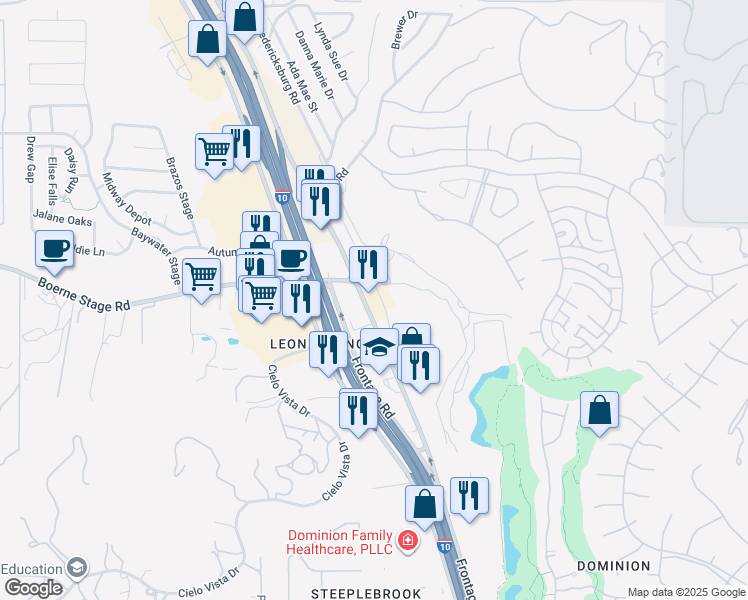 map of restaurants, bars, coffee shops, grocery stores, and more near 24116 Interstate 10 in San Antonio