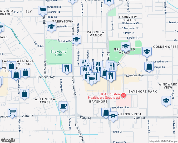 map of restaurants, bars, coffee shops, grocery stores, and more near 3439 Spencer Highway in Pasadena