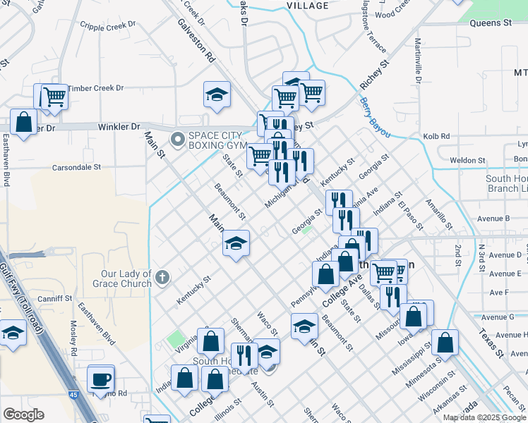 map of restaurants, bars, coffee shops, grocery stores, and more near 712 Michigan Street in South Houston