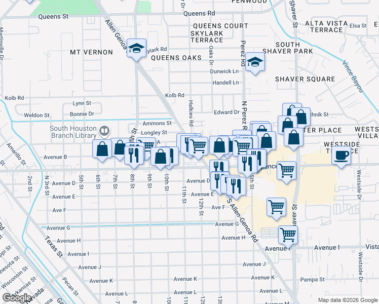 map of restaurants, bars, coffee shops, grocery stores, and more near 1105 Avenue B in South Houston
