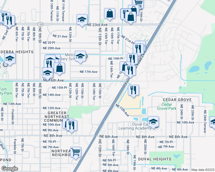 map of restaurants, bars, coffee shops, grocery stores, and more near 1615 Northeast 16th Avenue in Gainesville