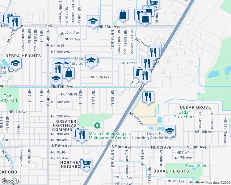 map of restaurants, bars, coffee shops, grocery stores, and more near 1615 Northeast 16th Avenue in Gainesville