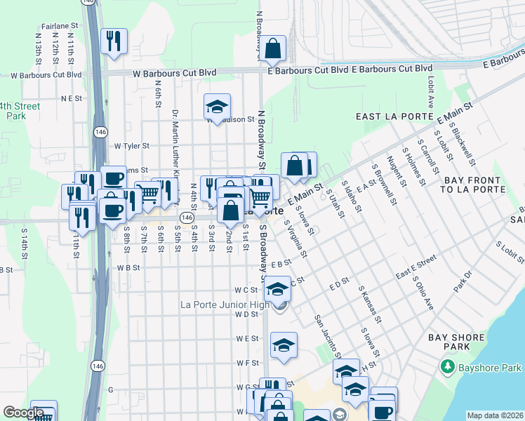 map of restaurants, bars, coffee shops, grocery stores, and more near in La Porte
