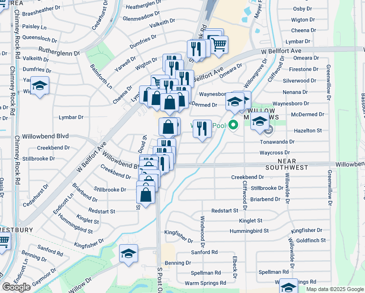 map of restaurants, bars, coffee shops, grocery stores, and more near 4842 Waycross Drive in Houston