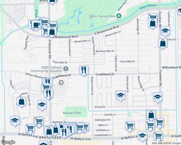 map of restaurants, bars, coffee shops, grocery stores, and more near 152 Creekbend Drive in Houston