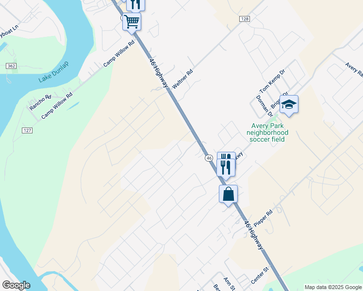 map of restaurants, bars, coffee shops, grocery stores, and more near 2124 Texas 46 in New Braunfels