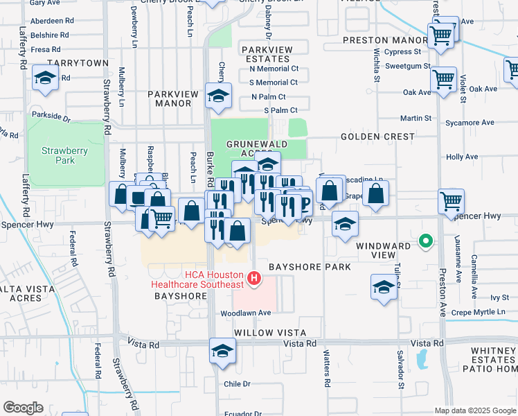 map of restaurants, bars, coffee shops, grocery stores, and more near 4001 Spencer Highway in Pasadena