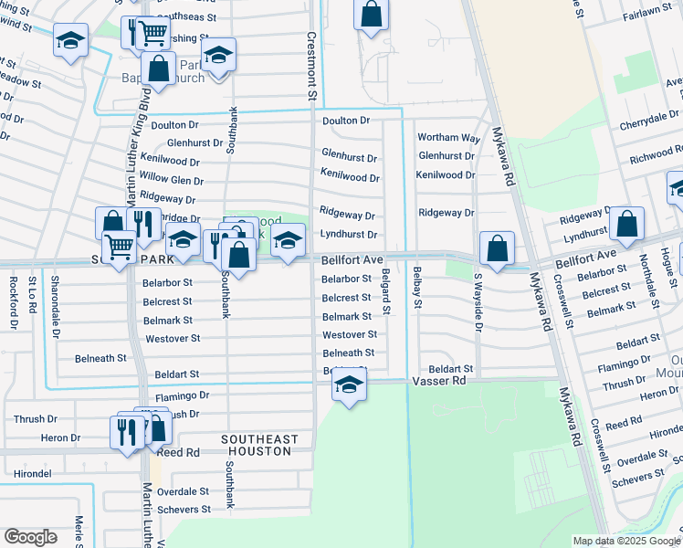 map of restaurants, bars, coffee shops, grocery stores, and more near 5927 Belarbor Street in Houston