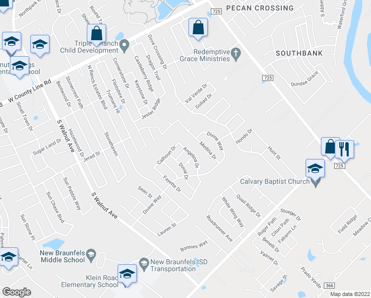 map of restaurants, bars, coffee shops, grocery stores, and more near Briscoe Dr in New Braunfels