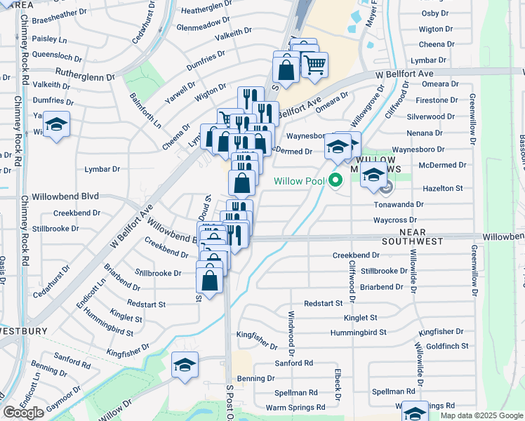 map of restaurants, bars, coffee shops, grocery stores, and more near 4842 Waycross Drive in Houston